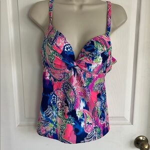 Pink and Blue Bustier Tie Front Bikini Top